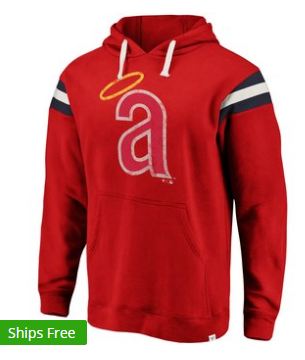 Men's California Angels Fanatics Branded Red Cooperstown Collection Striped Fleece Pullover Hoodie