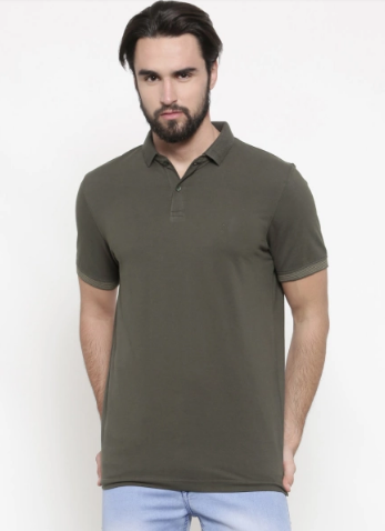 Indian Terrain Olive Green Solid Polo Collar T-Shirt