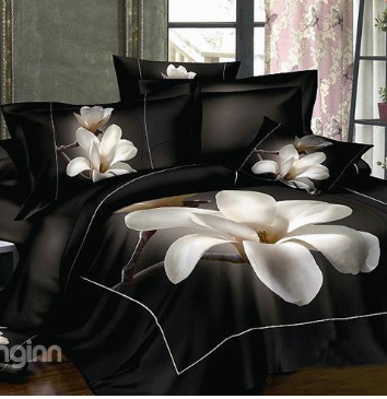 3D White Magnolia Printed Cotton 4-Piece Bedding Sets