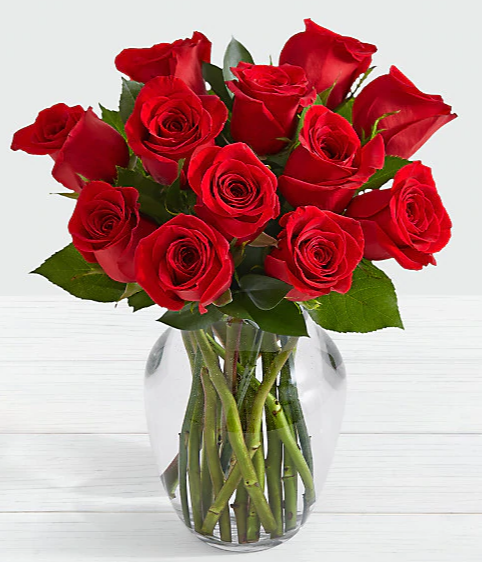 One Dozen Red Roses with Glass Vase