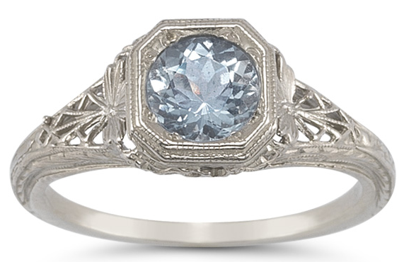 Size 8 - Vintage Filigree Aquamarine Ring in .925 Sterling Silver