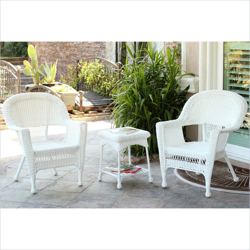 Jeco 3pc White Wicker Chair and End Table Set in White without Cushion