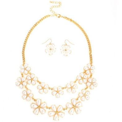 Gold Pearl Bead Flower Necklace Earring Set