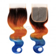 Uglam Hair 4x4 Swiss Lace Closure Ombre Orange And Azure Blue Color Body Wave