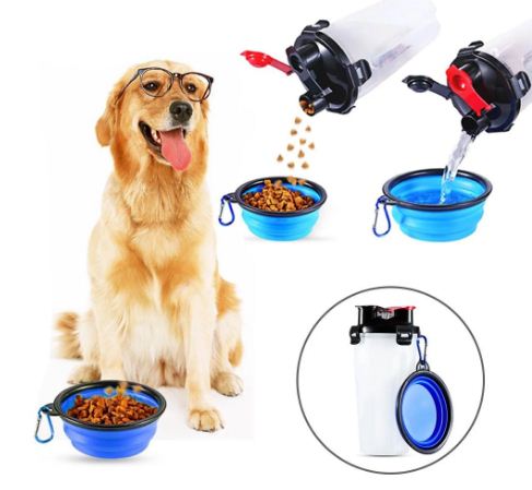 2-In-1 Pet Travel Water & Food Bottle With 2 Foldable Bowls