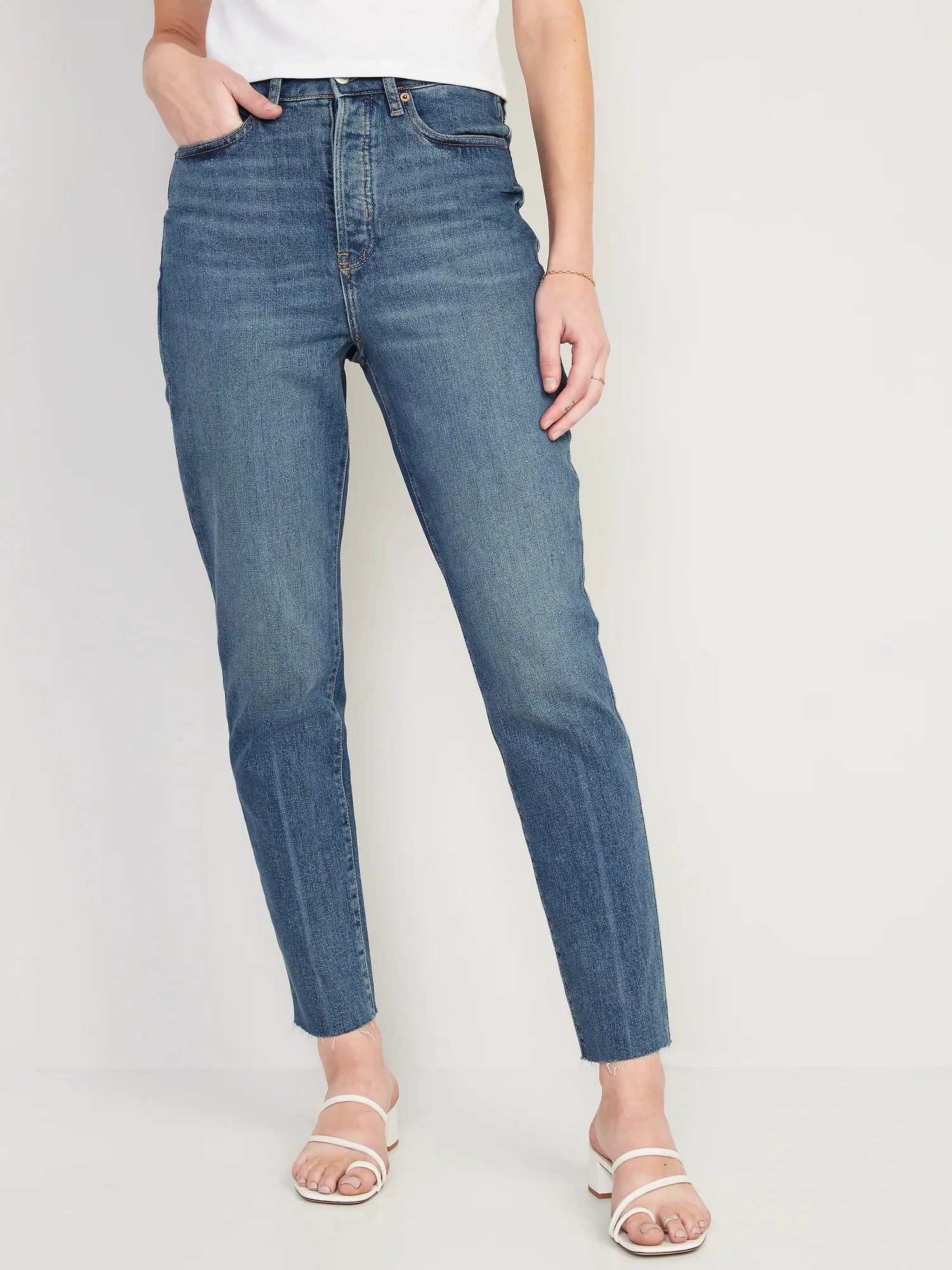 Higher High-Waisted Button-Fly O.G. Straight Cut-Off Jeans for Women